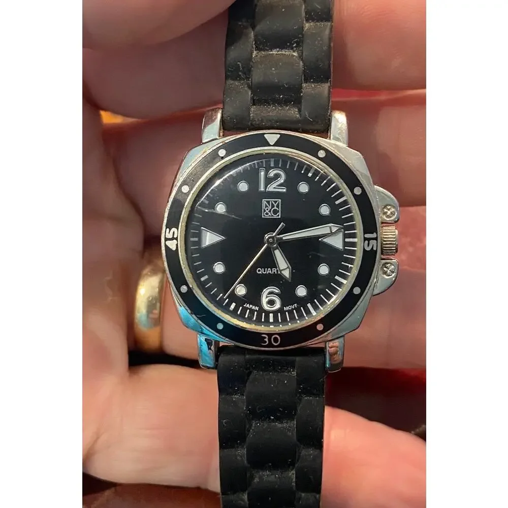 Women's NY&Co Watch,Poly Band, Silver Tone and Black Case,New Battery